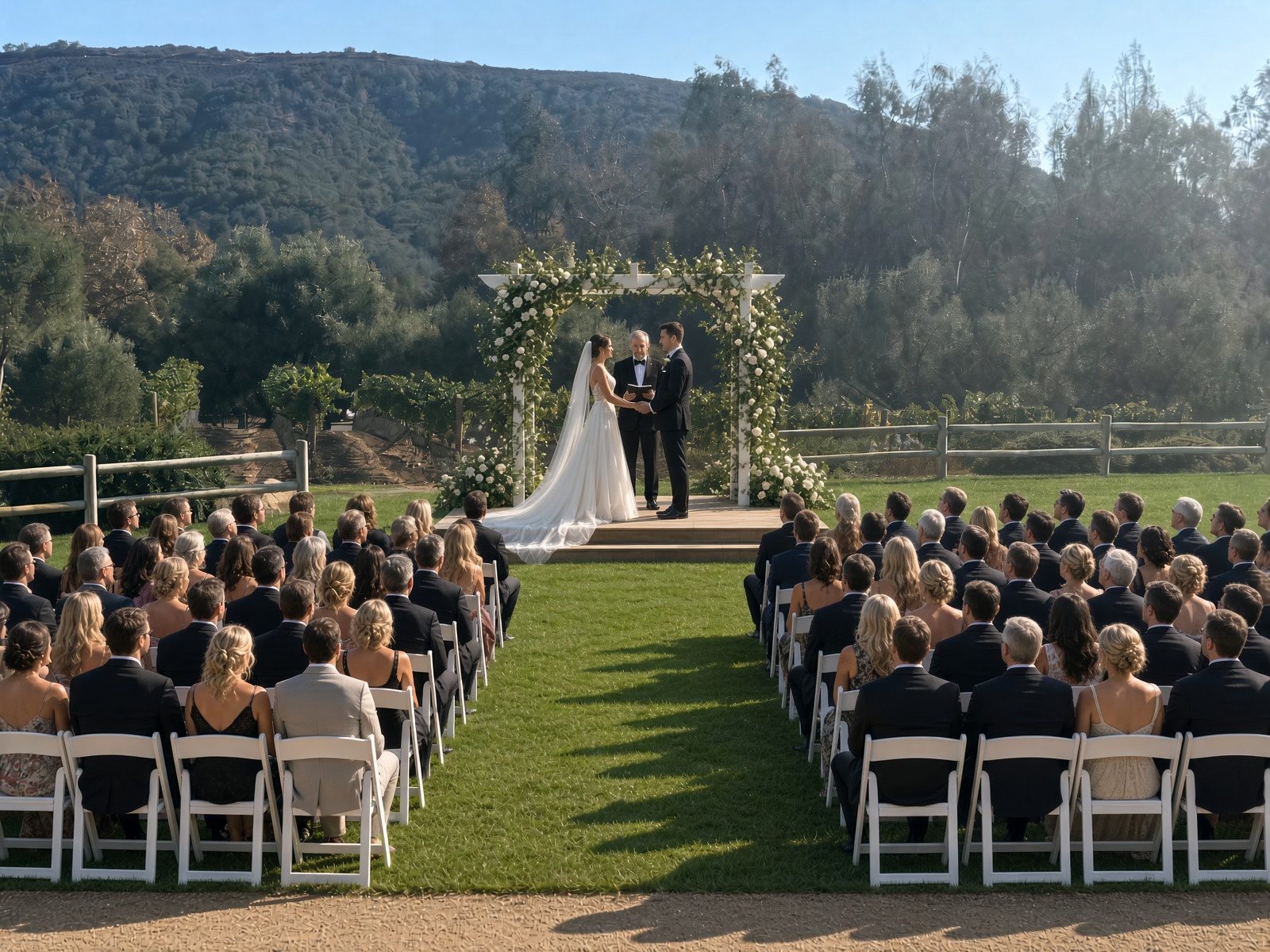 A gathering on the south lawn, chairs toward the hills