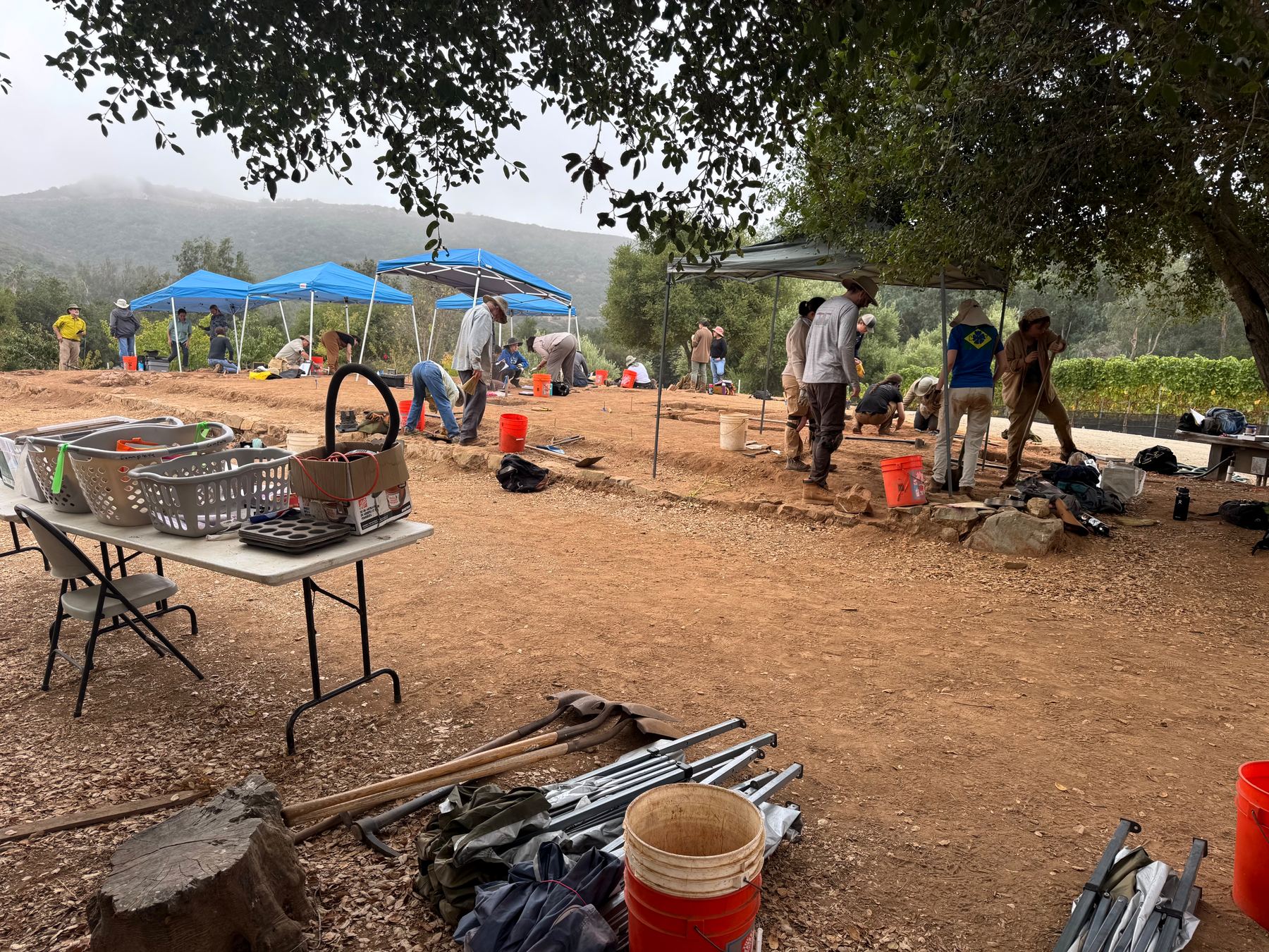 Students excavating along the foundation under blue canopies