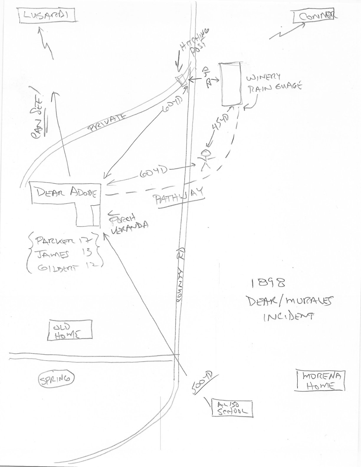Hand-drawn ranch layout from the 1898 inquest, labeling the adobe, winery, and path